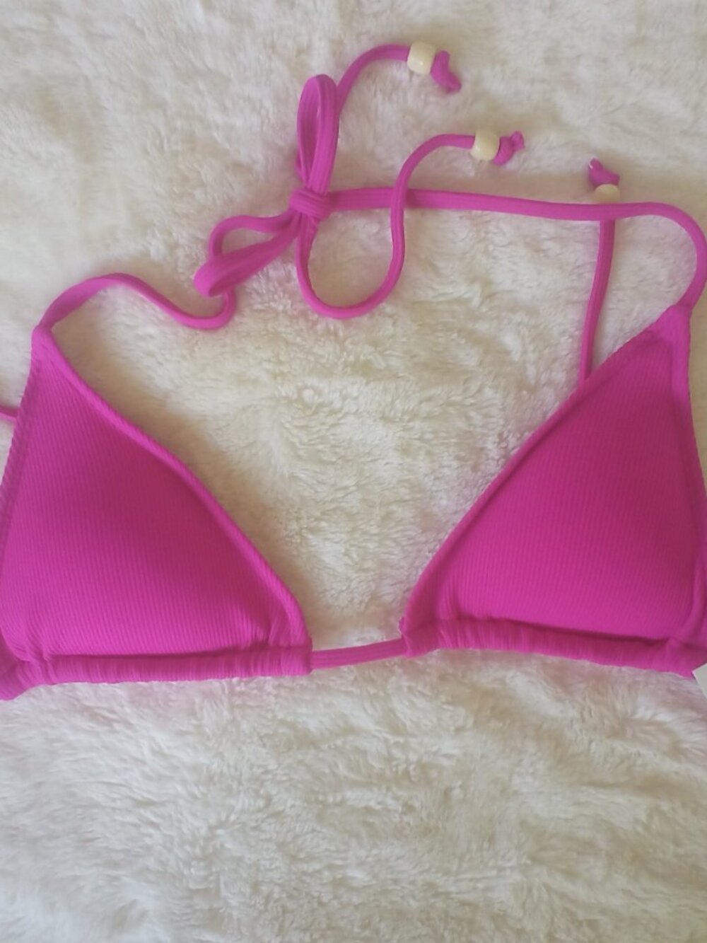 LUCKY BRAND 2-PC Swim Bikini Hot Pink Fuchsia🌷 w/Ivory Beads on Ties (S) NWT - Picture 2 of 5
